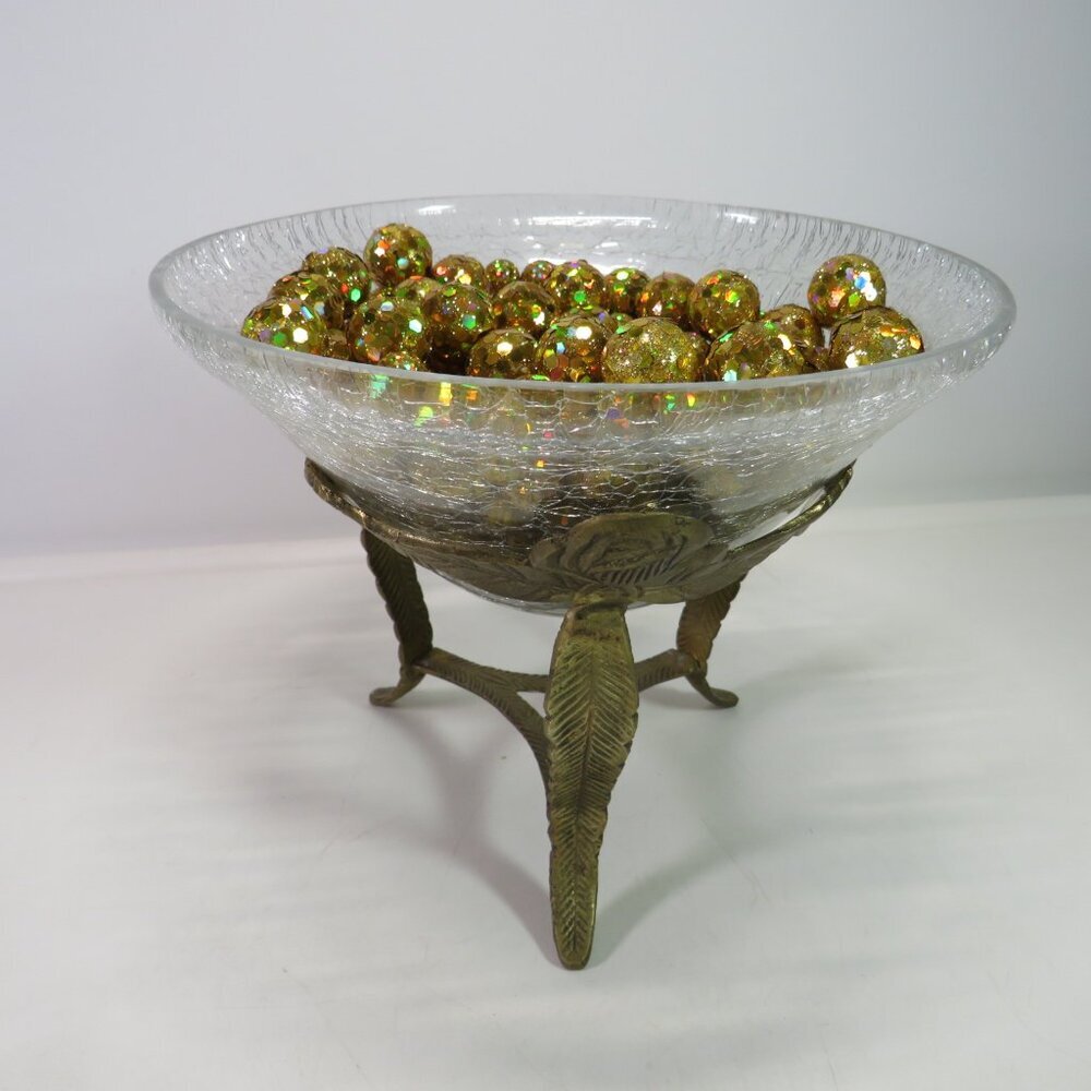 Crackle Glass & Brass Stand w Roses & Leaves Embossed Triangle Centerpiece